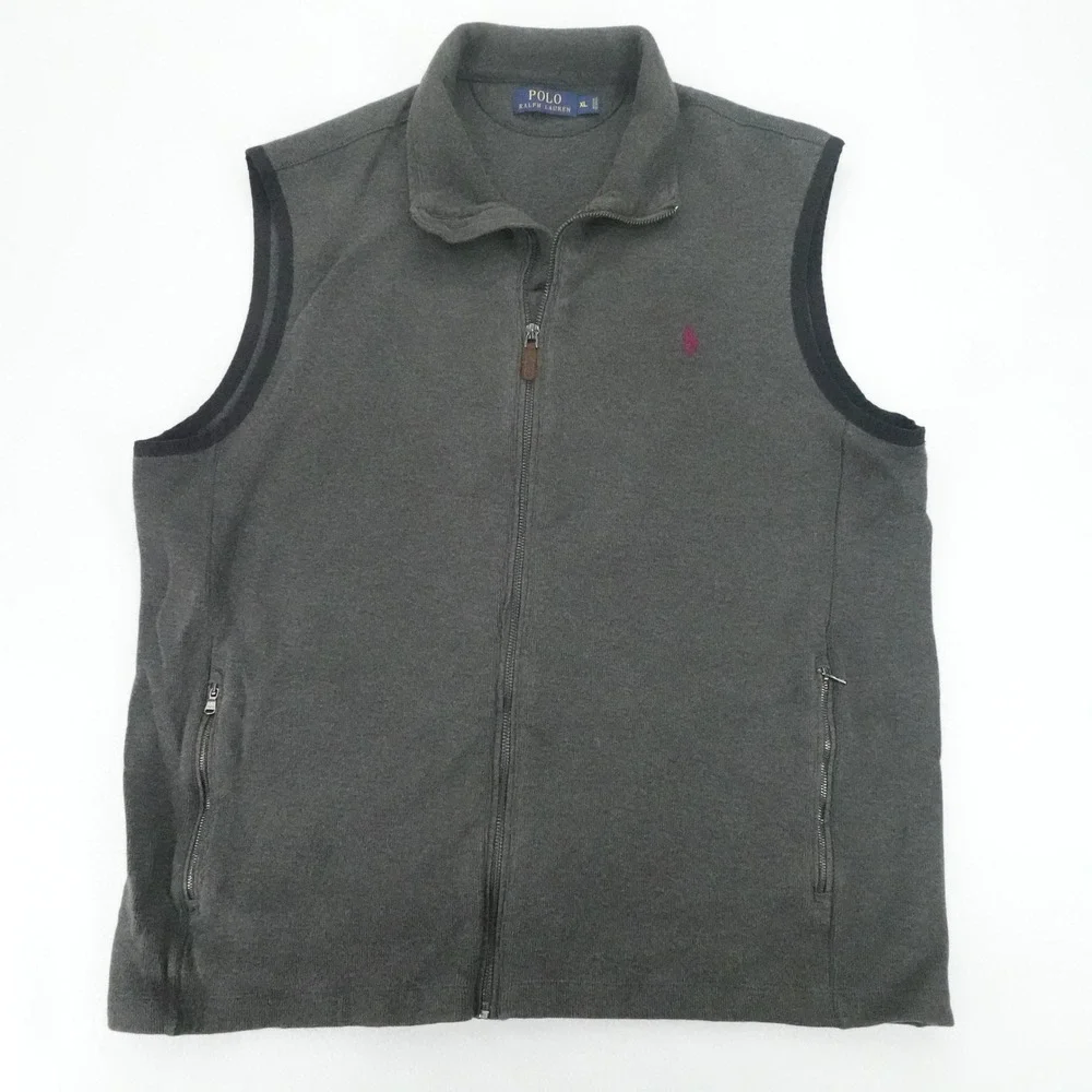 Polo Ralph Lauren Vest Mens XL Gray Full Zip Ribbed Knit Mock Neck Pony Logo